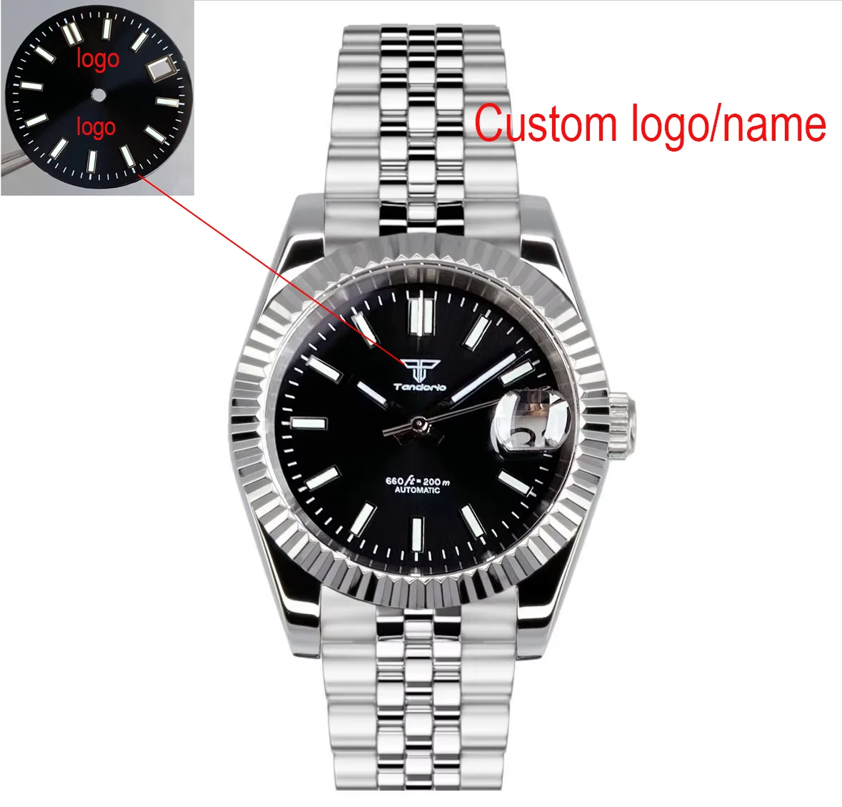 

Custom Fluted 36/39mm Silver Stainless Steel Sapphire 200m Waterproof Black/Blue/Orange/Green/Pink Dial Automatic NH35 Watch