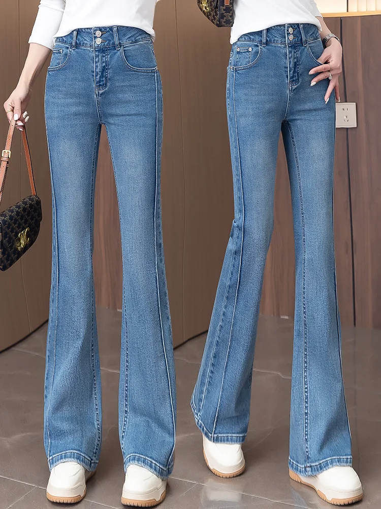 

Джинсы-клеш с высокой талией для женщин, весна-осень 2026, новая модель, утягивающие, модные, трендовые, облегающие джинсы-клеш.