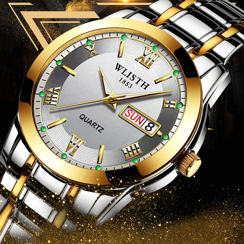 

Brand Men's Watch Business Wristwatch For Man Quartz Watch Stainless Steel Waterproof Luminous Mens Watches Week Double Calendar
