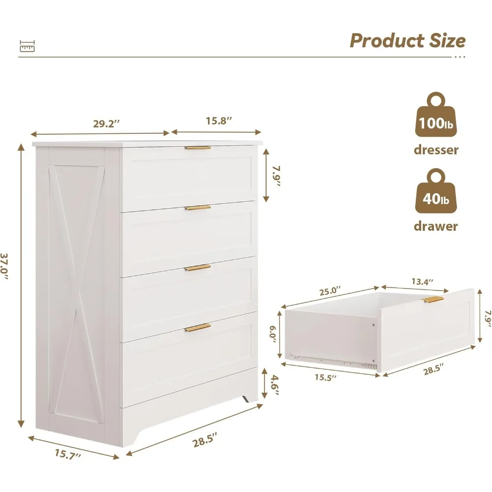 Elegant Tall Wooden Dresser with Four Large Drawers and Golden Hardware for Bedroom Storage