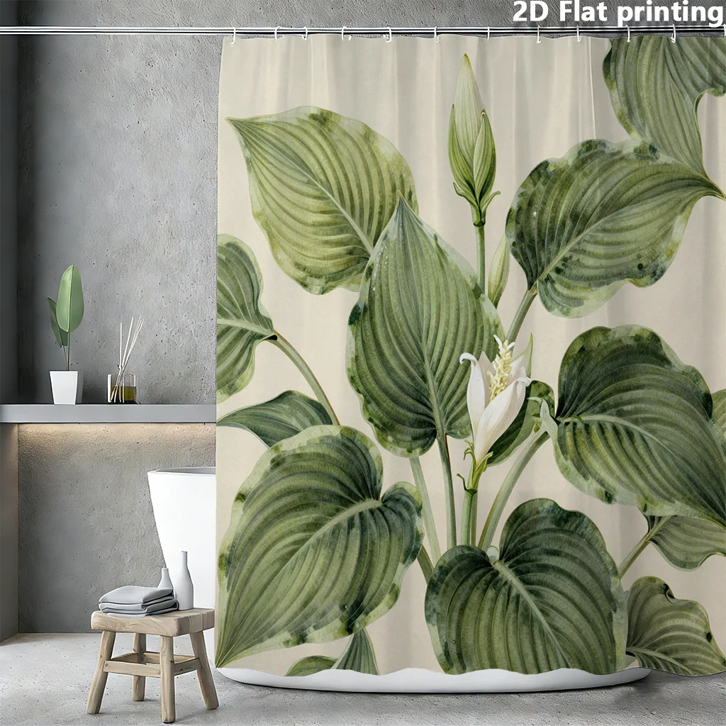 Cortina de ducha con diseño de plantas Hosta, hojas grandes y variadas con espadales blancos, impresión plana 2D, poliéster, 70.8"x70.8" pulgadas
