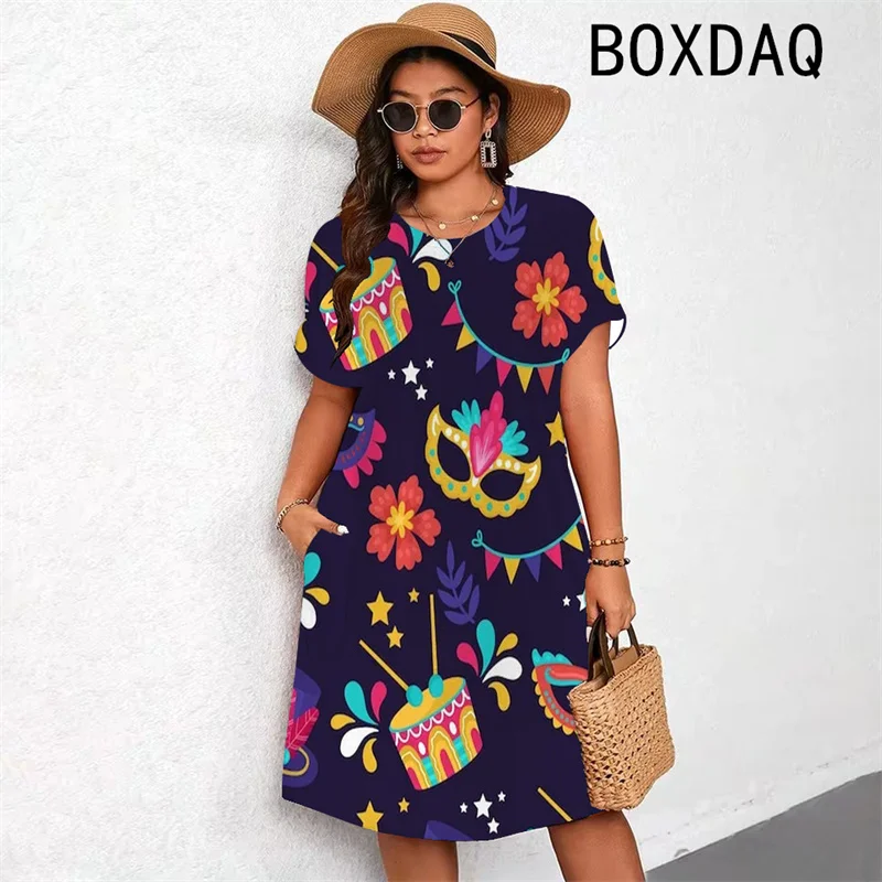 2025 New Mardi Gras Party Dress Vintage Mask Printed Evening Dress Women  Short Sleeve O-Neck Pockets A-line Dress Vestidos