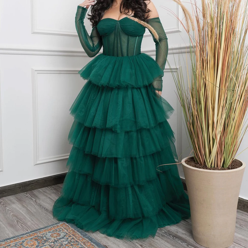 

Customized Fashion Tiered Pleat Boat Neck Floor Length A-Line Vestidos De Fiesta OrganzaOff The Shoulder Vestidos Para Mujer