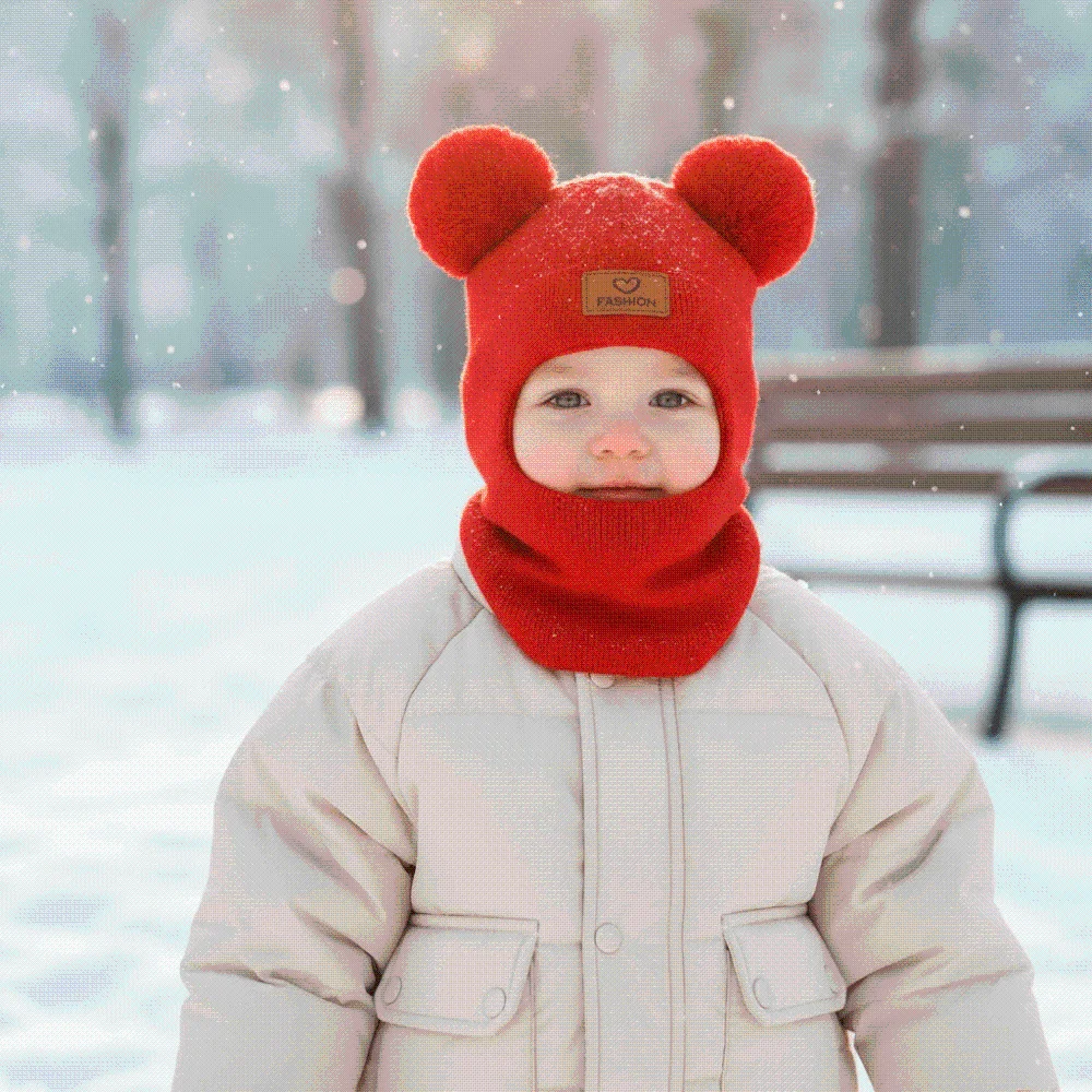 Double Pompon Winter Balaclava Solid Color Elastic Weave Knit Beanie Warm Padding Integrated Design Earflap Cap Little Girls