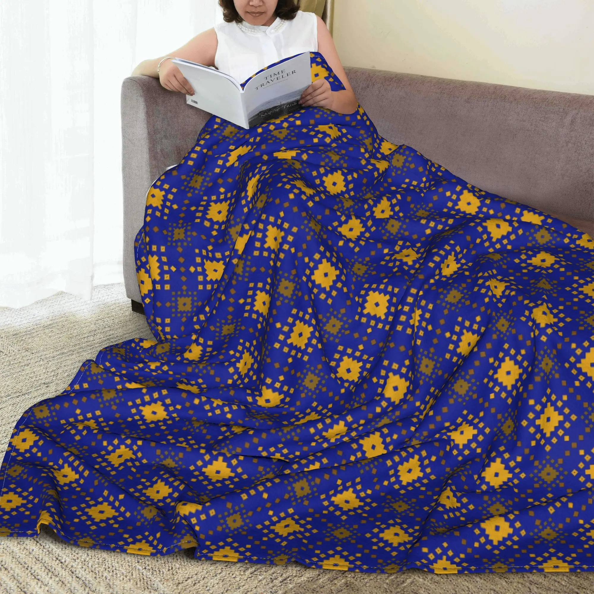 Blue Gold Pixel Ethnic Pattern Blankets Multi-function Fleece Sofa Throw Blanket for Home Bedroom Outdoor Throws Bedspread Quilt