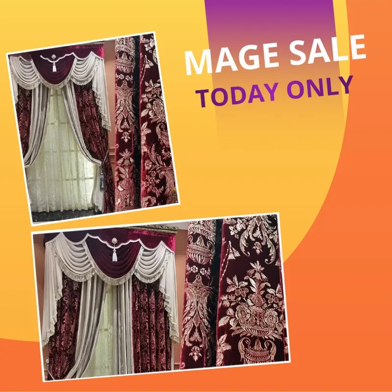 

Custom Size!! American Style Red Silk Velvet Curtains, Embroidered Floral Splicing Thickened for Living Dining Bedroom Decor