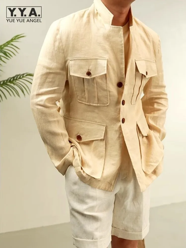 Mens Spring Summer Long Sleeve Thin Style Casual Jacket Breathable Single Breasted Vintage Outerwear Stand Collar Linen Coat