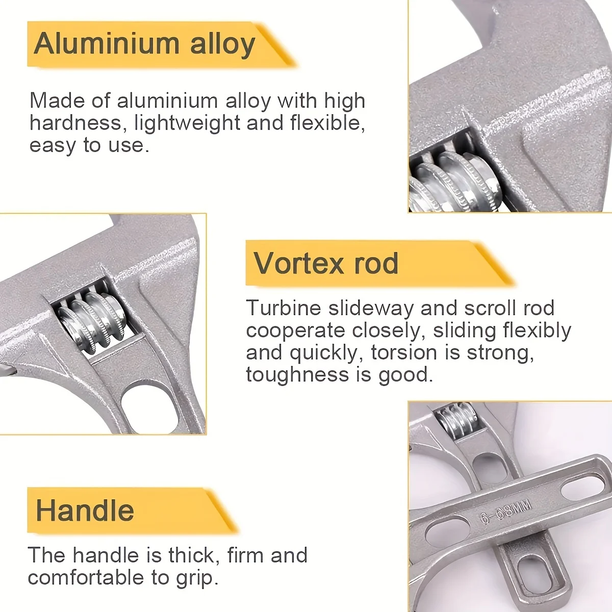 Sehfupoye Adjustable Wrench Large Opening Bathroom Spanner Wrenches Wide Jaw 16-68mm Aluminum Alloy Spanner Wrenches Shank Plumb