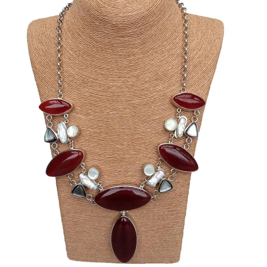 Y·YING Red Agate White Biwa Pearl Sea Shell Statement Necklace Women Jewelry