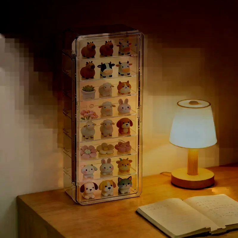 Acrylic Display Stand Cute Particle Dustproof Flip Cover Figure Display Storage Box Desktop Organizer Jewelry Accessories Mini