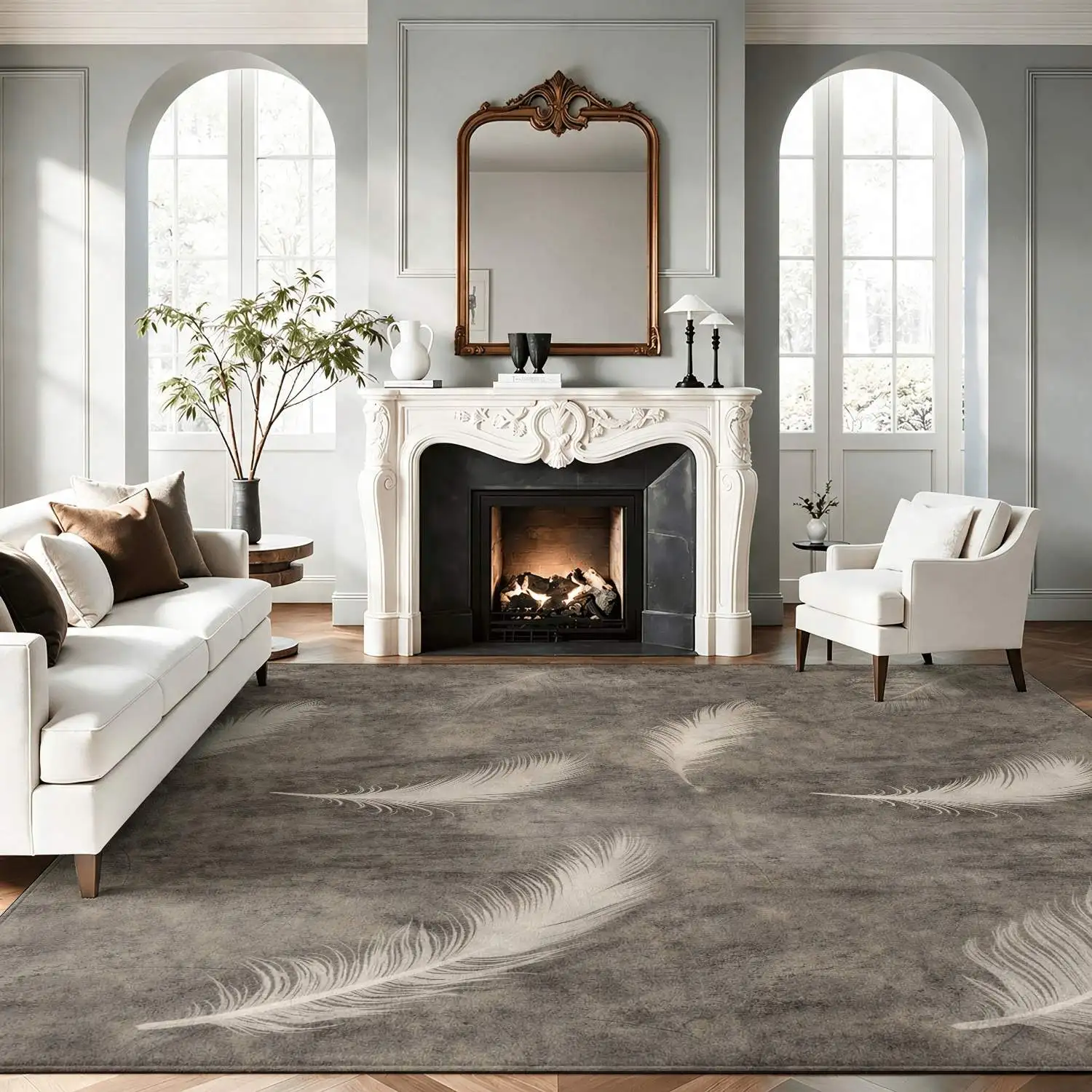 1Pc 2D Printed Feather Pattern Nordic/Instagram Style Modern Minimalist Vintage Geometric Line Home Decor Carpet, Multi-Size, Machine Washable, Suitable for Entrance/Dining/Foyer/Bedroom/Living Room
