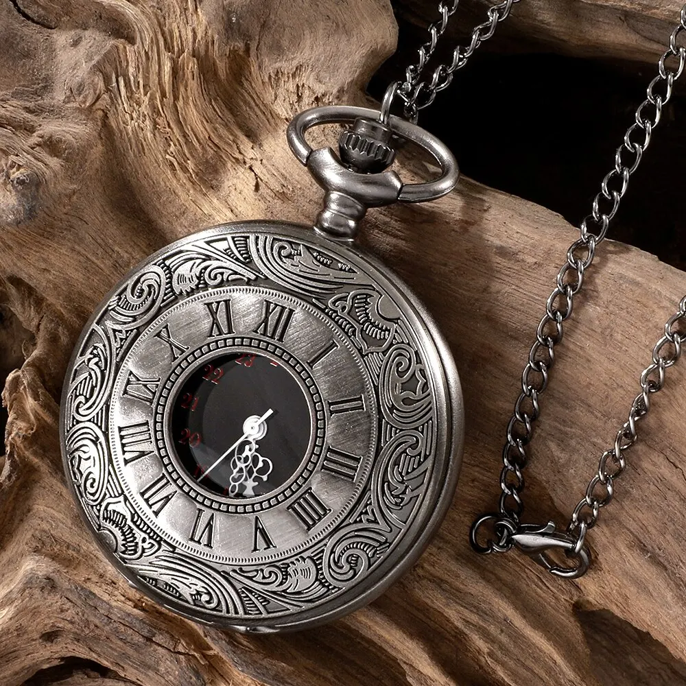 Roman Numerals Quartz Pocket Watch Men Women Hollow Case Steampunk Vintage Pendant Necklace Best Gifts for Men Women