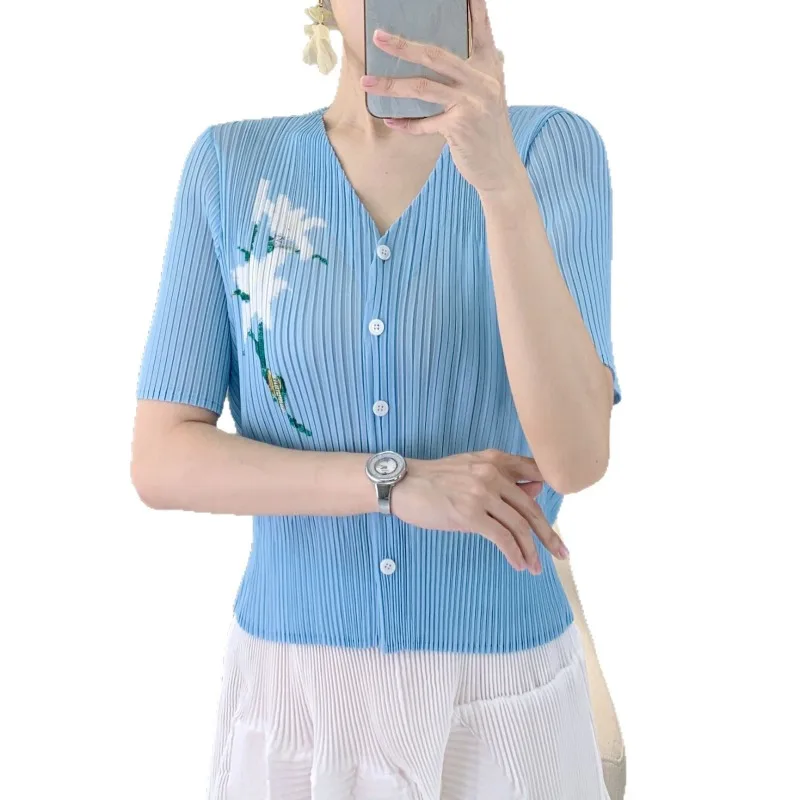 미야케 플리츠 셔츠 플로럴 프린트 가디건 블라우스 여성 2025 여름 모델 우아하고 다재다능한 V넥 반팔 캐주얼 티셔츠
