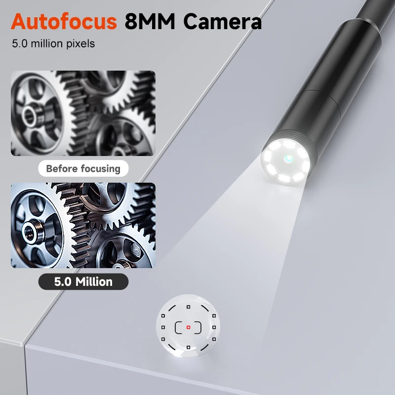 Autofocus 8mm Borescope Camera 1920P WiFi Industrial Endoscope for iPhone/Android Split Design IP67 for Inspection Piping Sewer