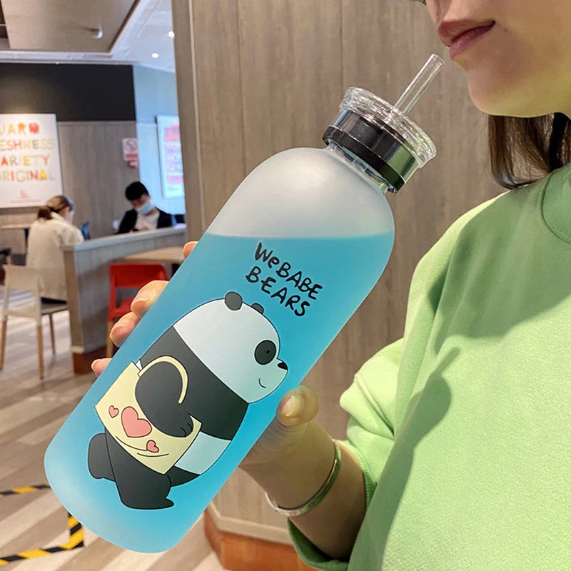 Cute Panda Bear Cup 1000ml Water Bottles With Straw Transparent Cartoon Water Bottle Drinkware Frosted Leak-proof Protein Shaker