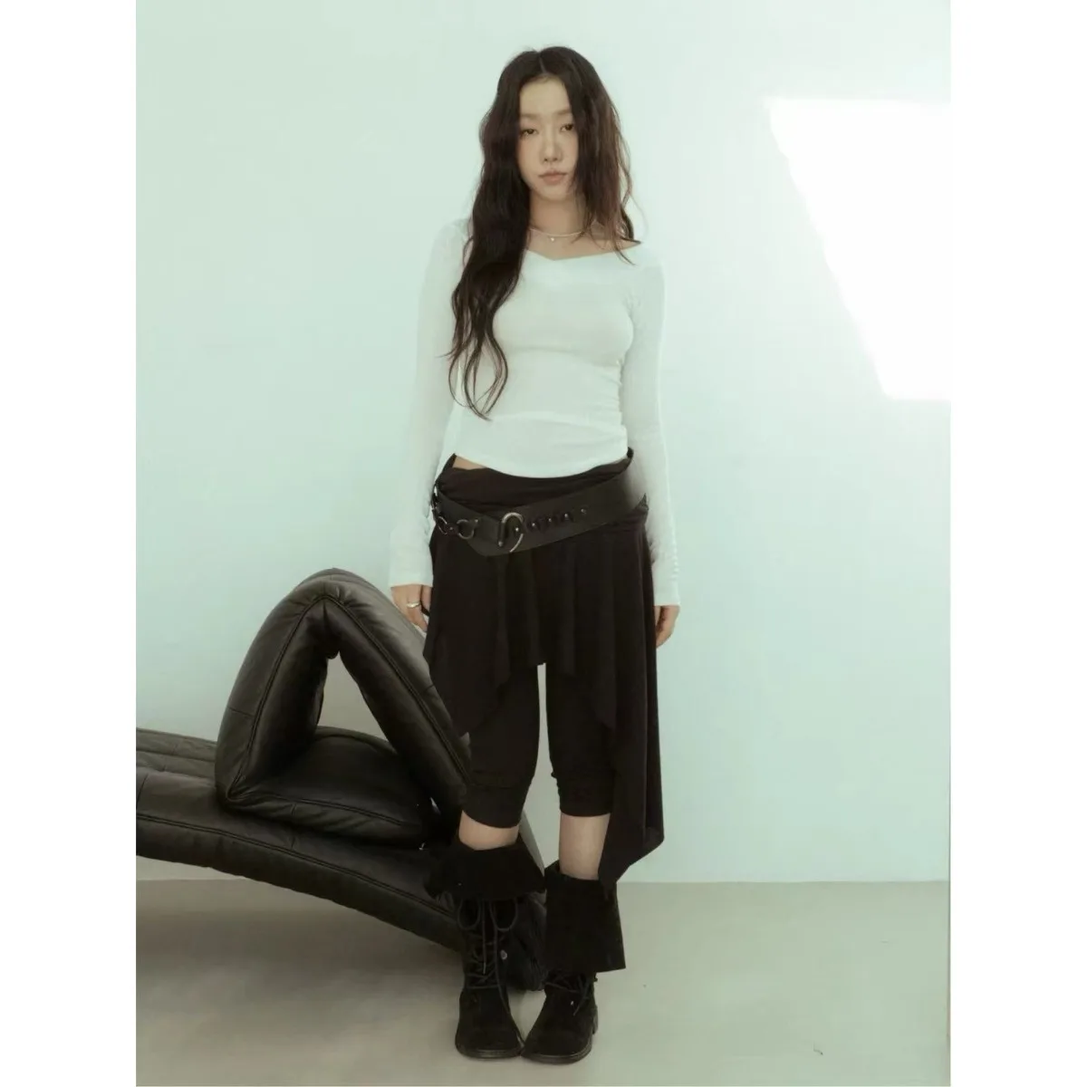 Ballet Style Asymmetrical Hem 7/8 Length Tight Pants Mid-Rise Casual Trousers Elegant Slim Fit Ladies' Polyester Pants