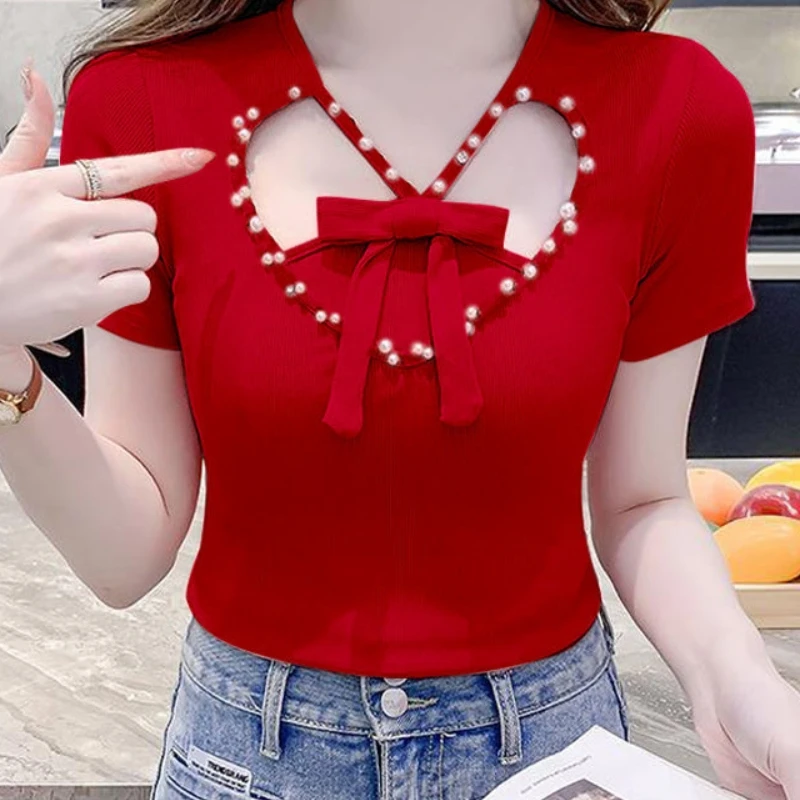 2024 New Summer Sweet Fashion Elegant Slim Fit V-neck Short Sleeved Bow Solid Color Hollow Out Diamonds Women's T-shirt Top