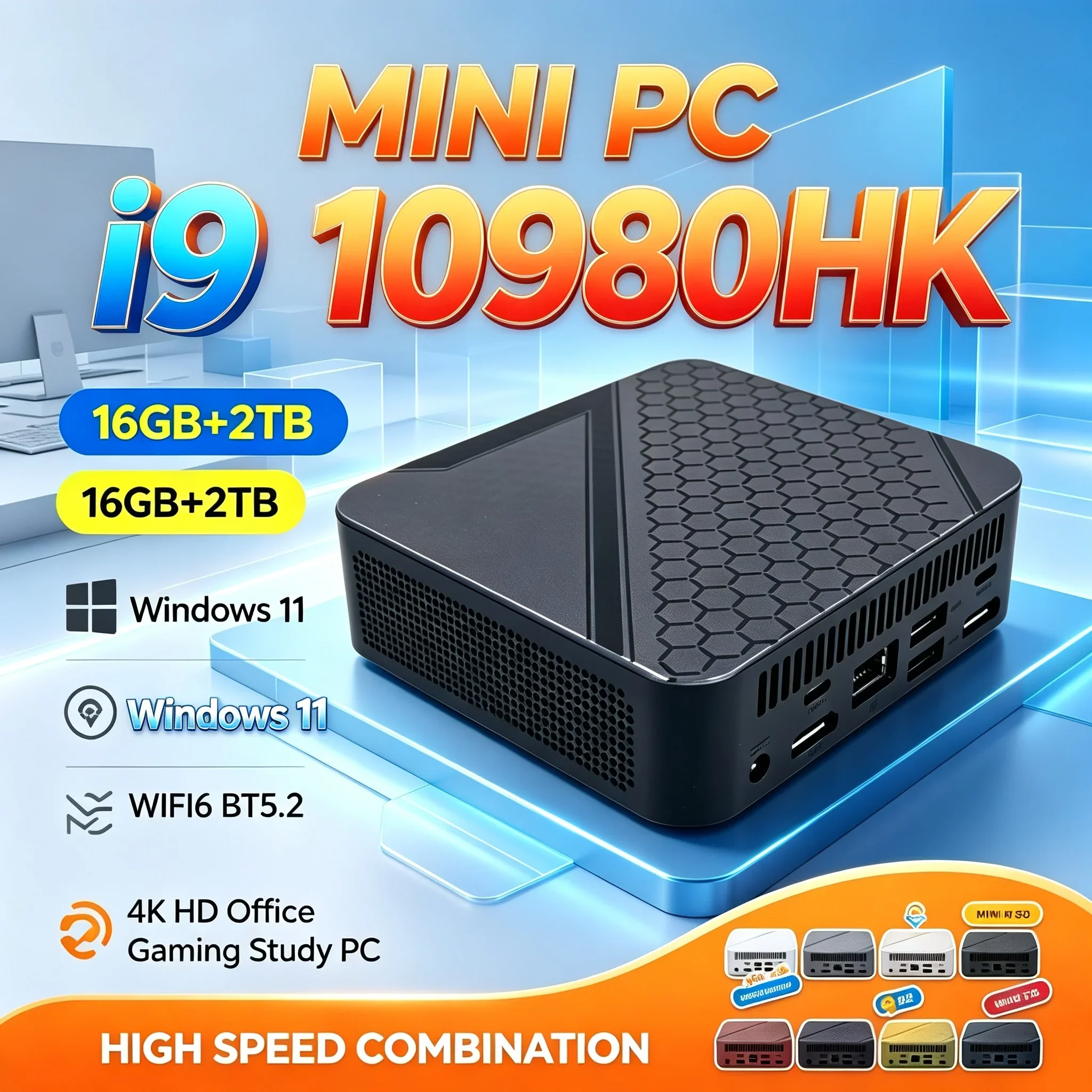 Mini PC Intel I9‑10980HK Windows 11 16GB RAM 2TB SSD WiFi6 BT5.2 4K Output Desktop Computer For Home Office Gaming Study Use