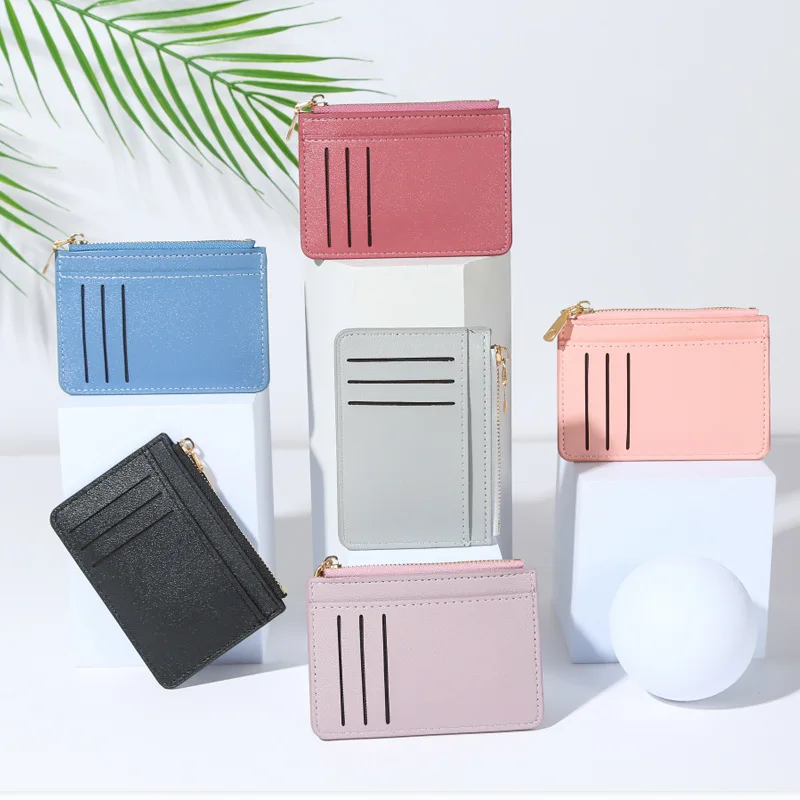 

6Pocket Men Women ID Card Holder PU Zipper Small Coin Purse Credit Card Holder Solid Color Business Card Case Business Card Case