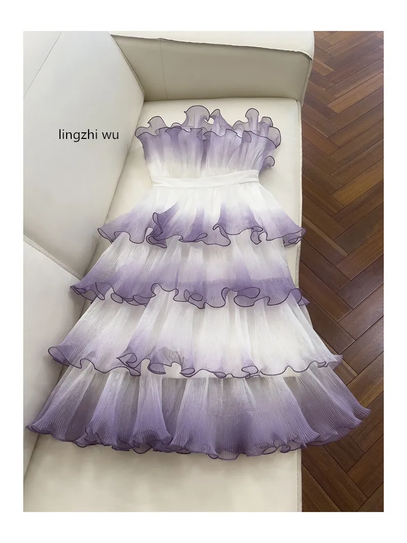 lingzhi wu Women Gradient Purple Dress French Elegant Romantic Elegant Formal Slim Waist Sea Shore Holiday Cake Dresses New