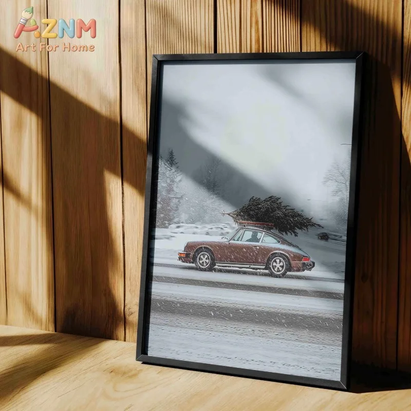 Vintage Sports Car Christmas Tree Canvas Wall Art Snowy Winter Road Scene Retro Vehicle Xmas Holiday Home Unframed Canvas Poster