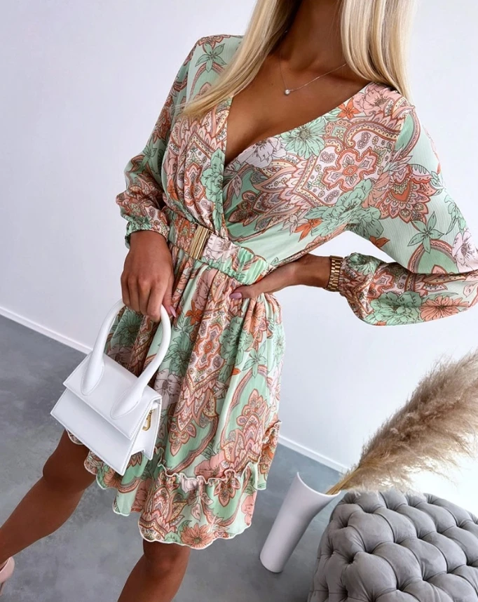 

Women's Dress Elegant Vintage Vacation Floral Print Deep V-Neck Long Sleeve Frill Hem Casual Daily A Line Mini Dress With Belt