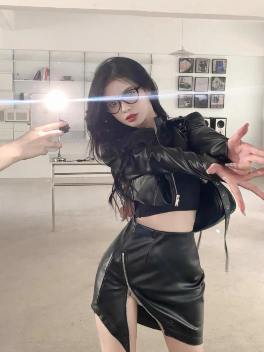 American Retro Bla Agent Leather Jaet Set ort Sve Lange Rits Split Sexy ort Rok Tweedelige Set Dames Faion