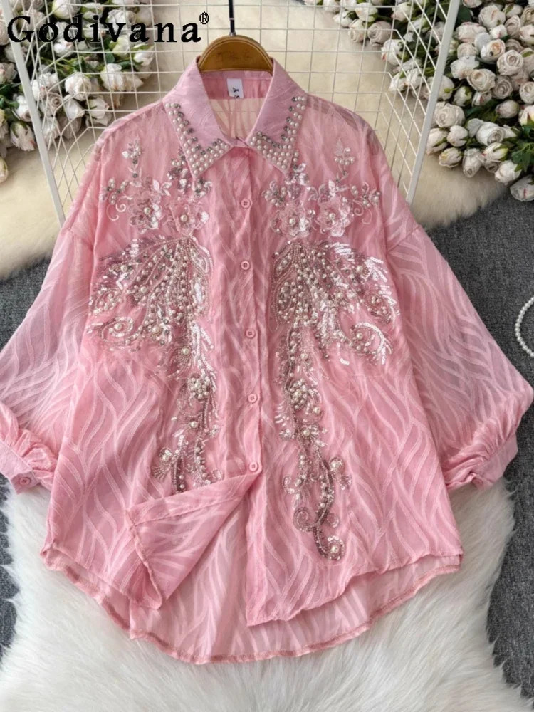 Summer Girl French Heavy Industry Sequin Embroidery Diamond Versatile Age Reduction Shirt New Lantern Sleeve Loose Sunscreen Top