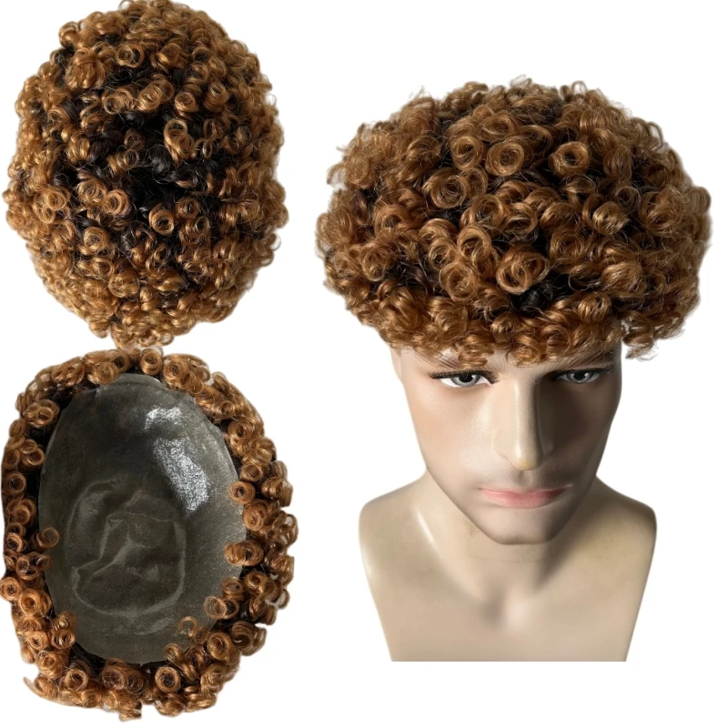 

Индийская система натуральных человеческих волос 12 мм, афро вьющиеся T # 1b/золотой цвет с узлами кожи, парик из искусственной кожи 8x10, мужской блок для чернокожих мужчин