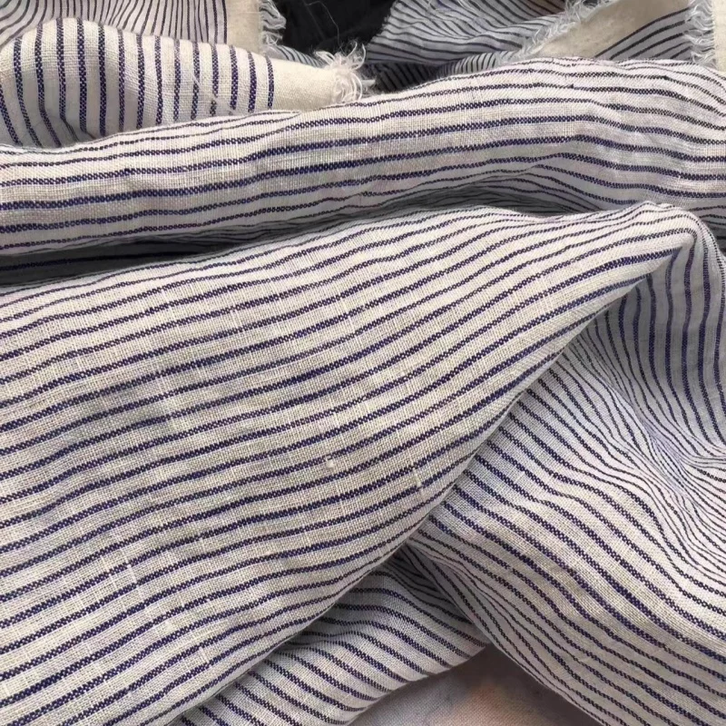 

Sand-washed pure linen green toothpick strips, coffee-colored stripes, shirt, dress, homewear DIY fabric