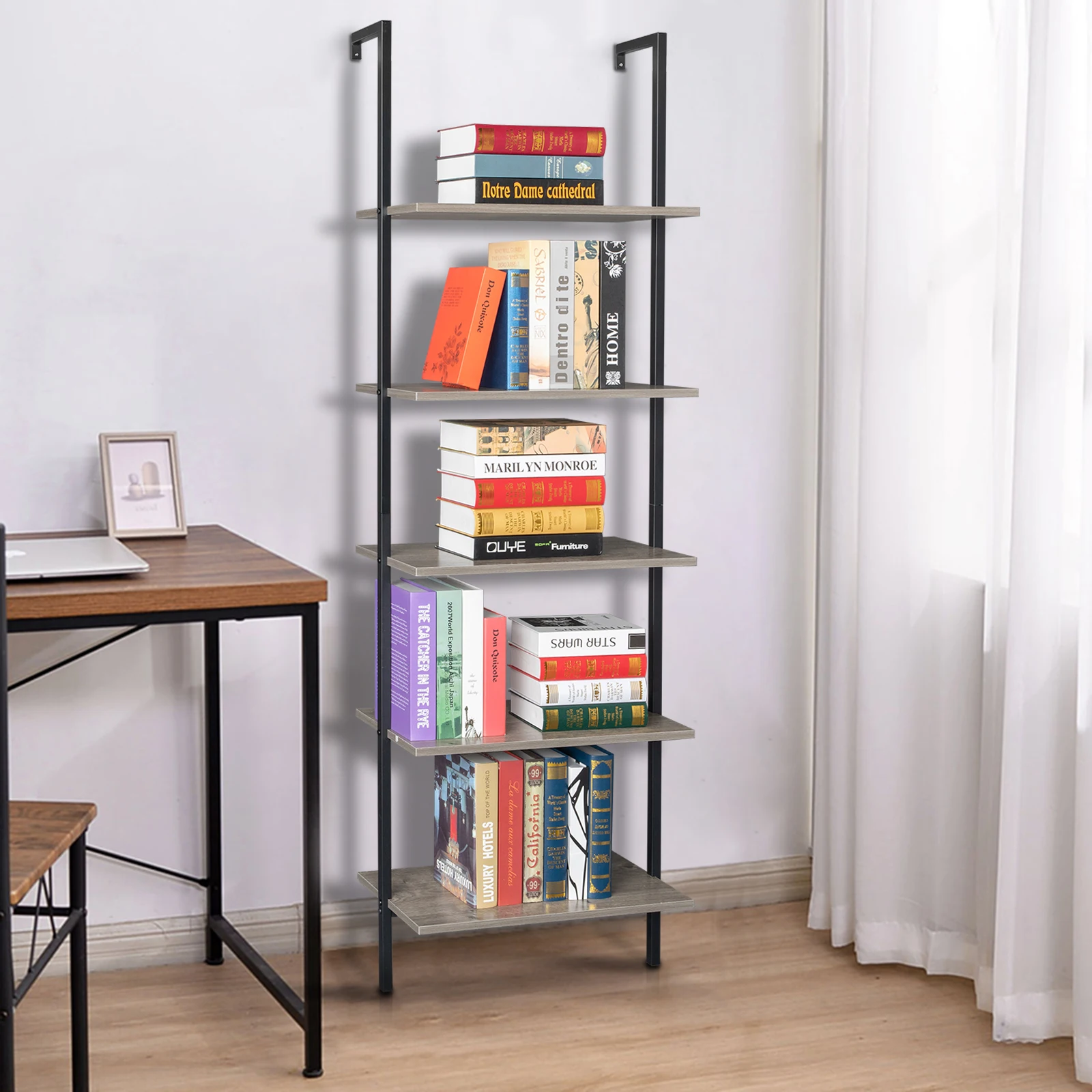 

Shelf 5 layers fixed iron frame against the wall 61*30.5*182.88cm retro gray black frame retro style