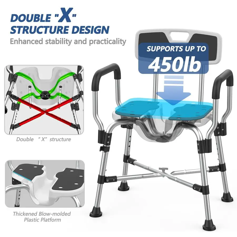 Duty-Duschstuhl für Innendusche, 450 Pfund U-förmiger Duschsitz mit Armlehne und Rückenlehne für ältere Menschen und Behinderte, höhenverstellbar, Medica