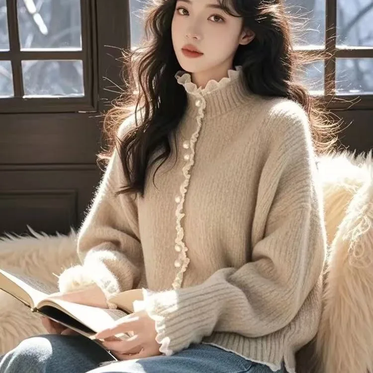 

Oversized High Collar Sweater Women's Patchwork Wooden Bicolor Oats Color Korean Design Winter Faion Casual Top