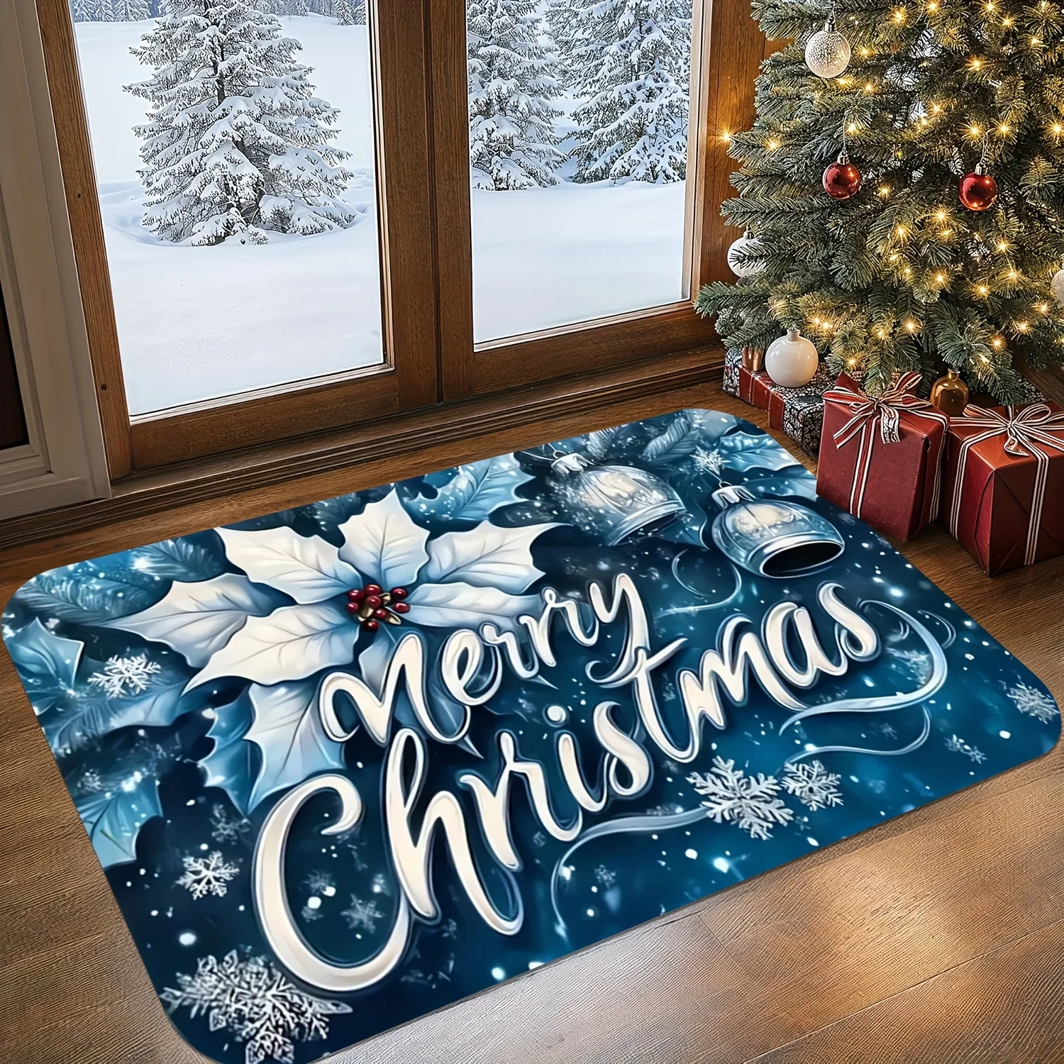 

Christmas themed design blue bells and snowflakes bathroom non-silp doormat suitable for livingroom decoration accessories pads