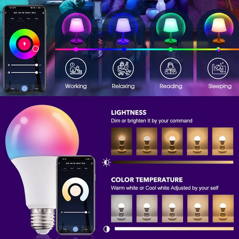 ZAOghts-Ampoule LED Smart Graffiti, Bluetooth, WiFi, 220V, 10W, RVB + CCT, Google Home, Alexa, Commande vocale, Mobile, Andrea Control, Ampoules