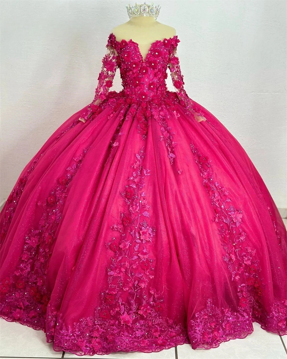 

Fuchsia Charro Quinceanera Dresses Ball Gown Long Sleeves Floral Beaded Mexican Sweet 16 Dresses 15 Anos