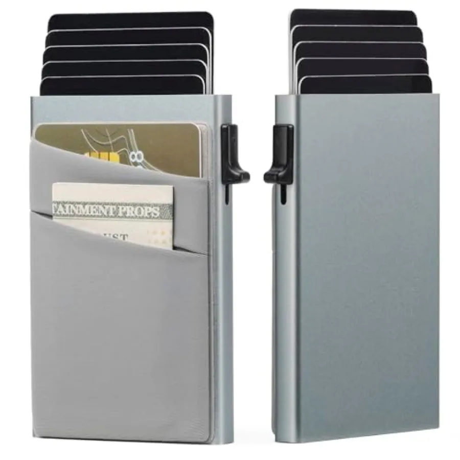 

Slim Smart Aluminum Card Holder Mens Wallet Minimalist Leather RFID Blocking Metal Pop Up Wallet