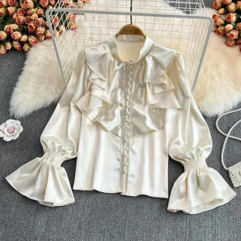 Y2k français élégant haut de gamme mince Vintage col mi-haut manches évasées femmes chemises 2000s automne angleterre Style couleur Pure Blouse