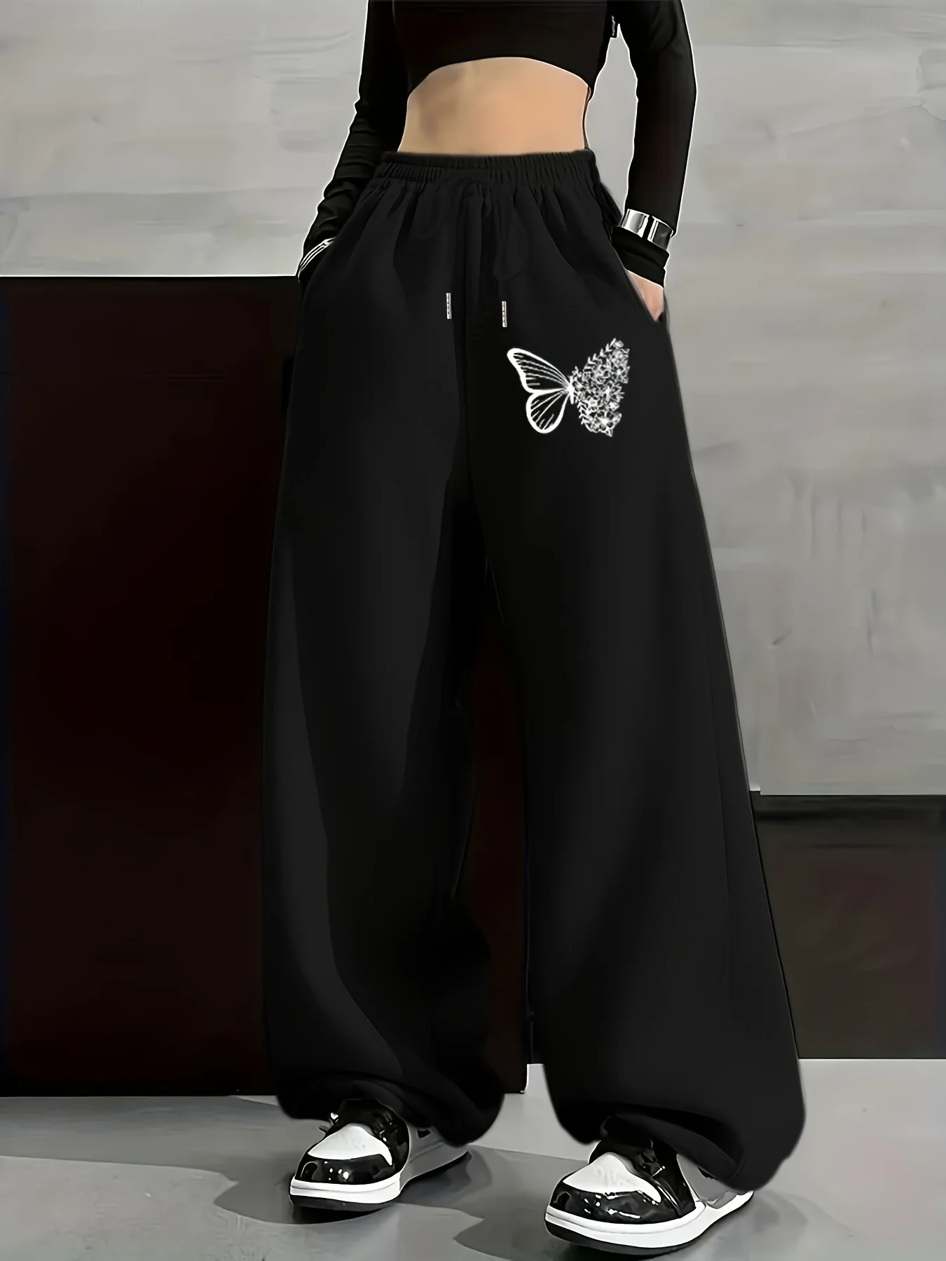 

Женские повседневные спортивные штаны больших размеров в уличном стиле с принтом бабочки, осенне-зимние флисовые свободные уличные брюки большого размера