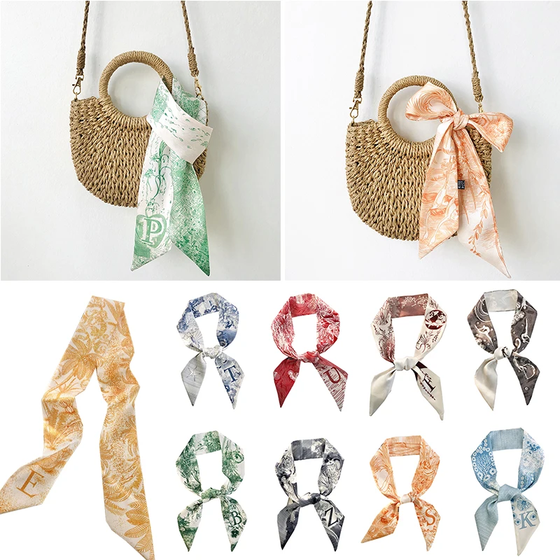 Retro Handbag Decorate Ribbons Long Print Women's Silk Scarf Headband For Women Classic Narrow Neckerchief Bag Accessories Hot