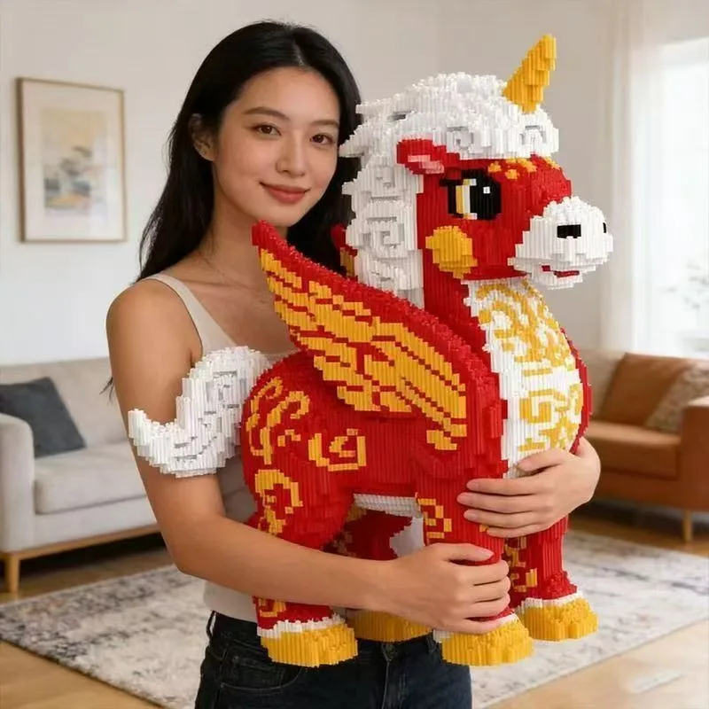 Großer 30cm Glücksbringer Tierkreiszeichen Rotes Pferd Bauklötze Lehrreiches Puzzle-Spielzeug 2026 Neujahrsgeschenk