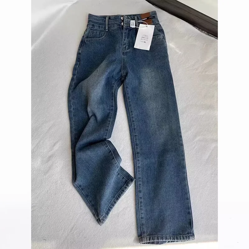 Damskie jeansy vintage z wysokim stanem, szerokimi nogawkami, prostym krojem, dopasowane, luźne, z podwójnymi kieszeniami, długie do podłogi, w kolorze niebieskim.