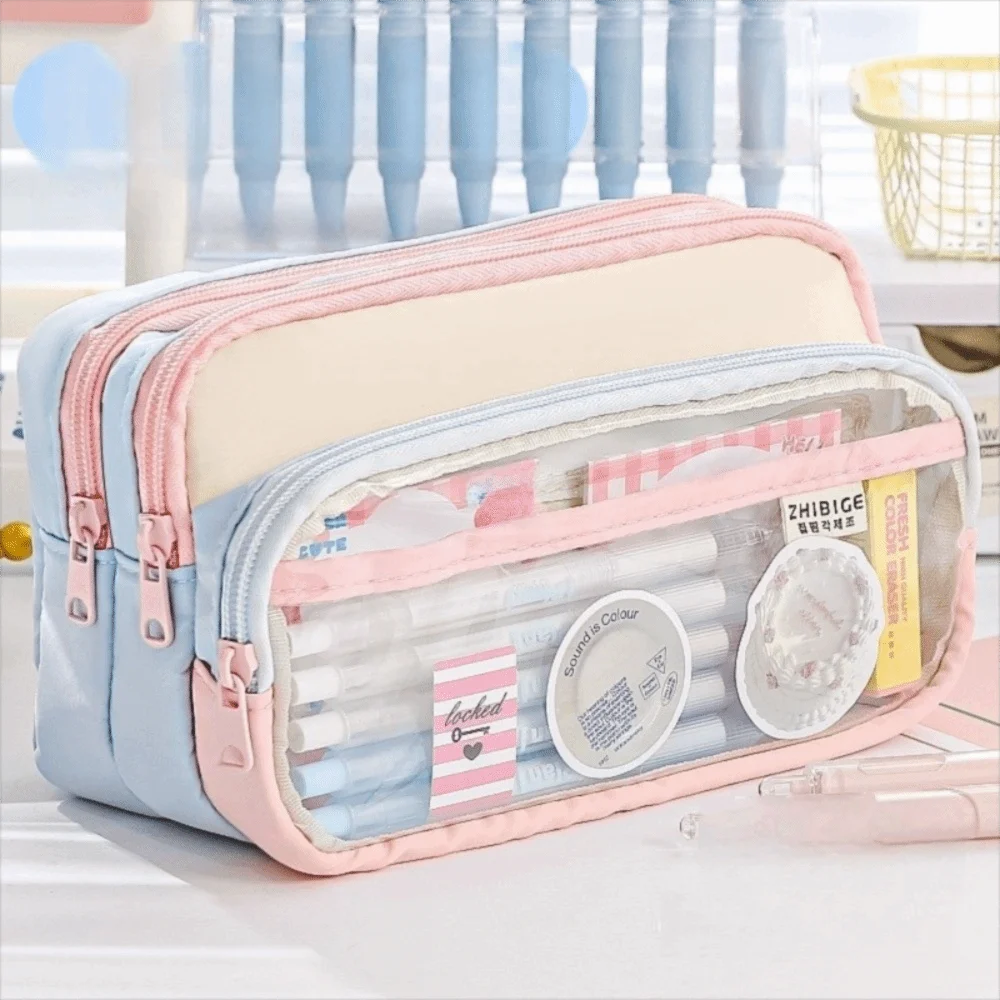 New Color-Block Pen Bag Multi-Compartment Transparent Pocket Pencil Case Large Capacity with Zipper Multi-layer Pen Pouch School