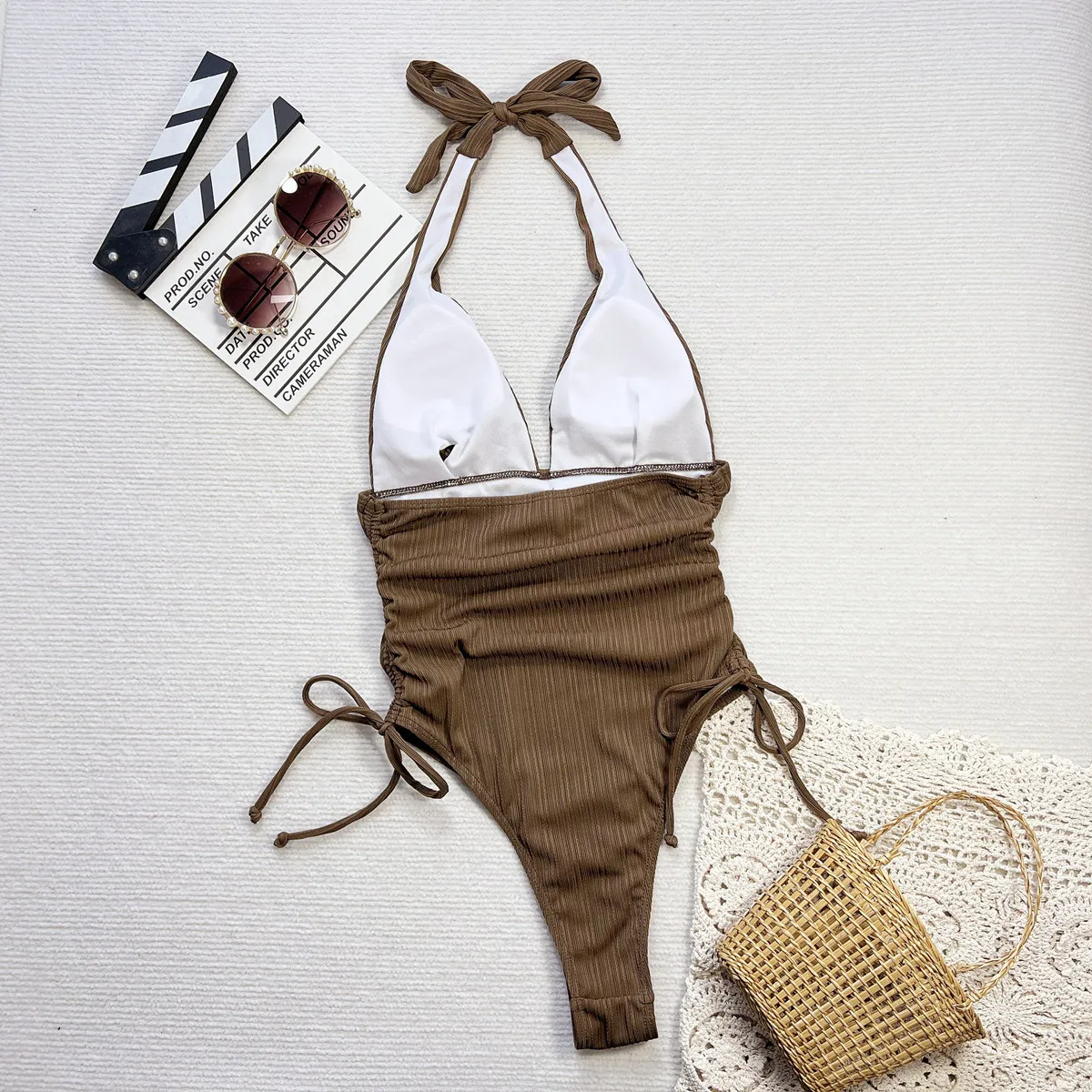 เซ็กซี่สีน้ําตาลลึก v คอชุดว่ายน้ํา one piece halter tie ผู้หญิงบิกินี่ชุดว่ายน้ําชุดว่ายน้ําชุดชายหาด bodysuits