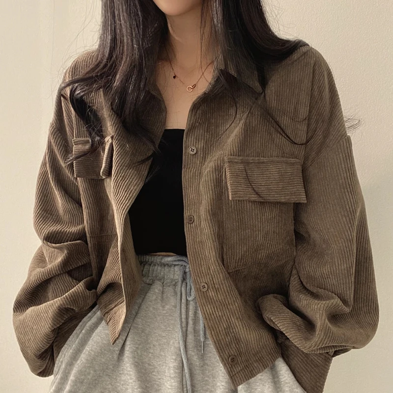 Corduroy Women Casual Shirts Autumn Korean Retro Pockets Female Blouse Bandage All Match Long Sleeve Ladies Ladies Crop Tops