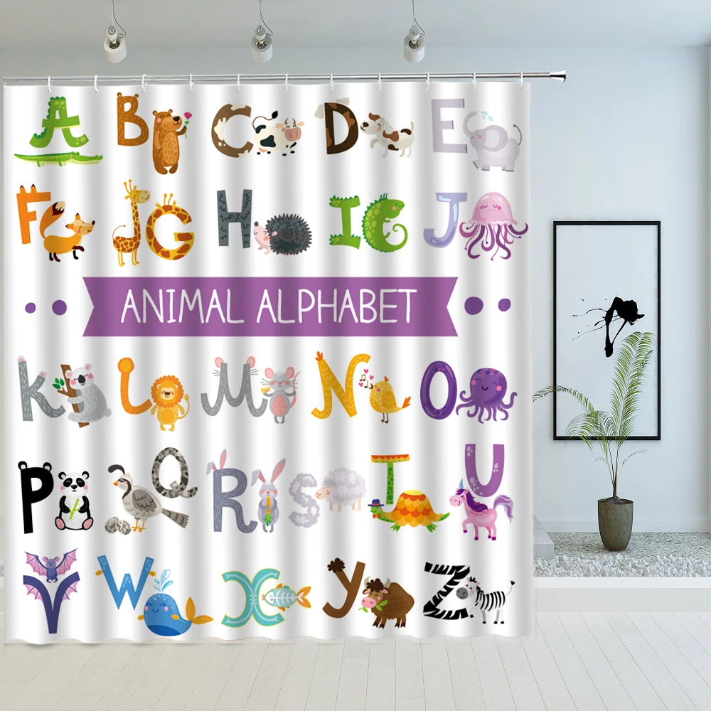 

Cartoon Letters Animals Shower Curtain ABC Learning Animal Pattern Waterproof Fabric with Hooks Bath Screen Bathroom Decor
