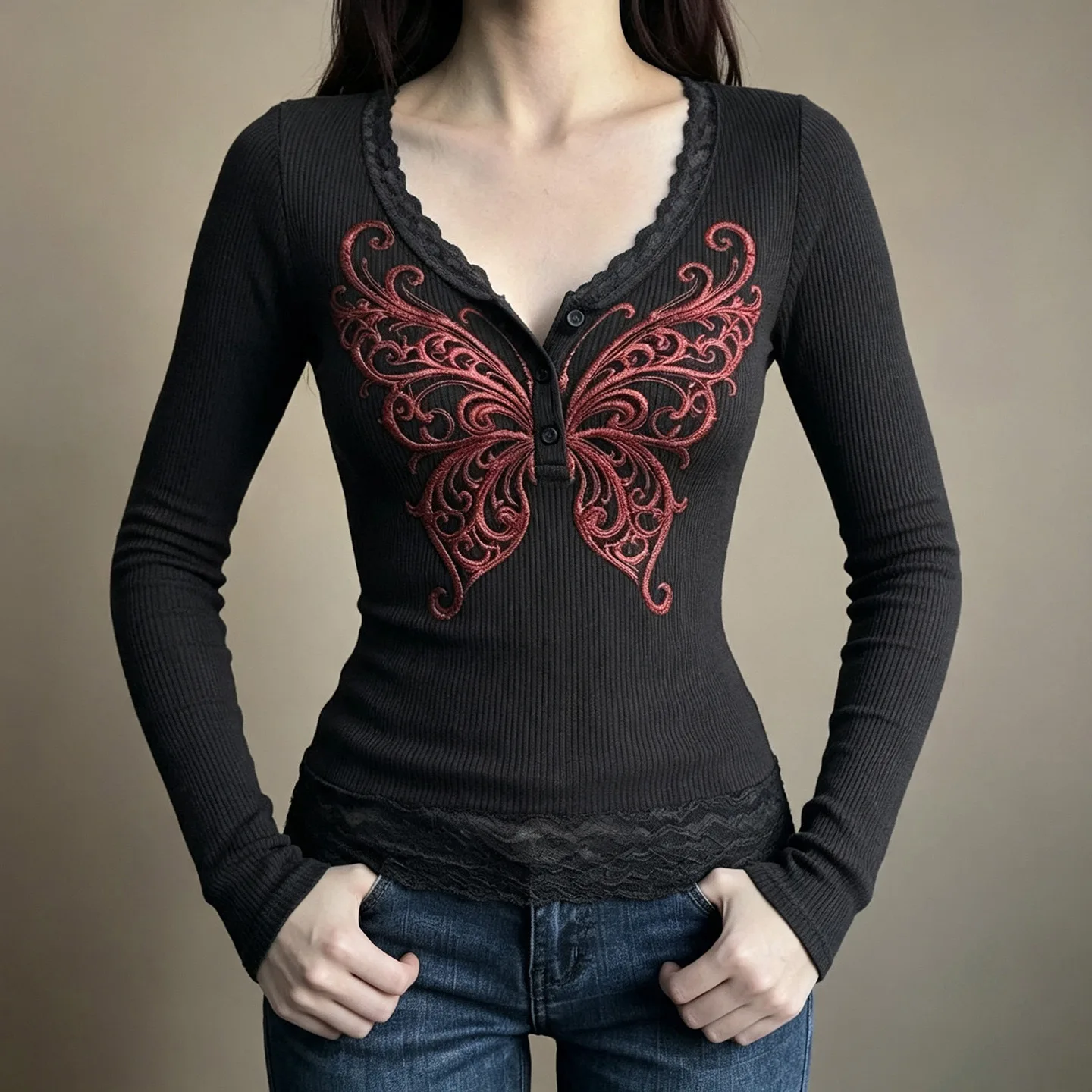 Womens Solid Color Fitted Long Sleeve T Shirt with for Butterfly Motif and Delicate Lace Trim for Spring Autumn Winter