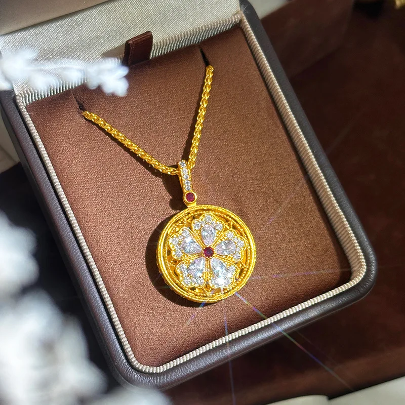 9999 Gold Luxury Design New Chinese Style Rotatable Compass Flashing Set with Diamond Engraving Cherry Blossom Pendant
