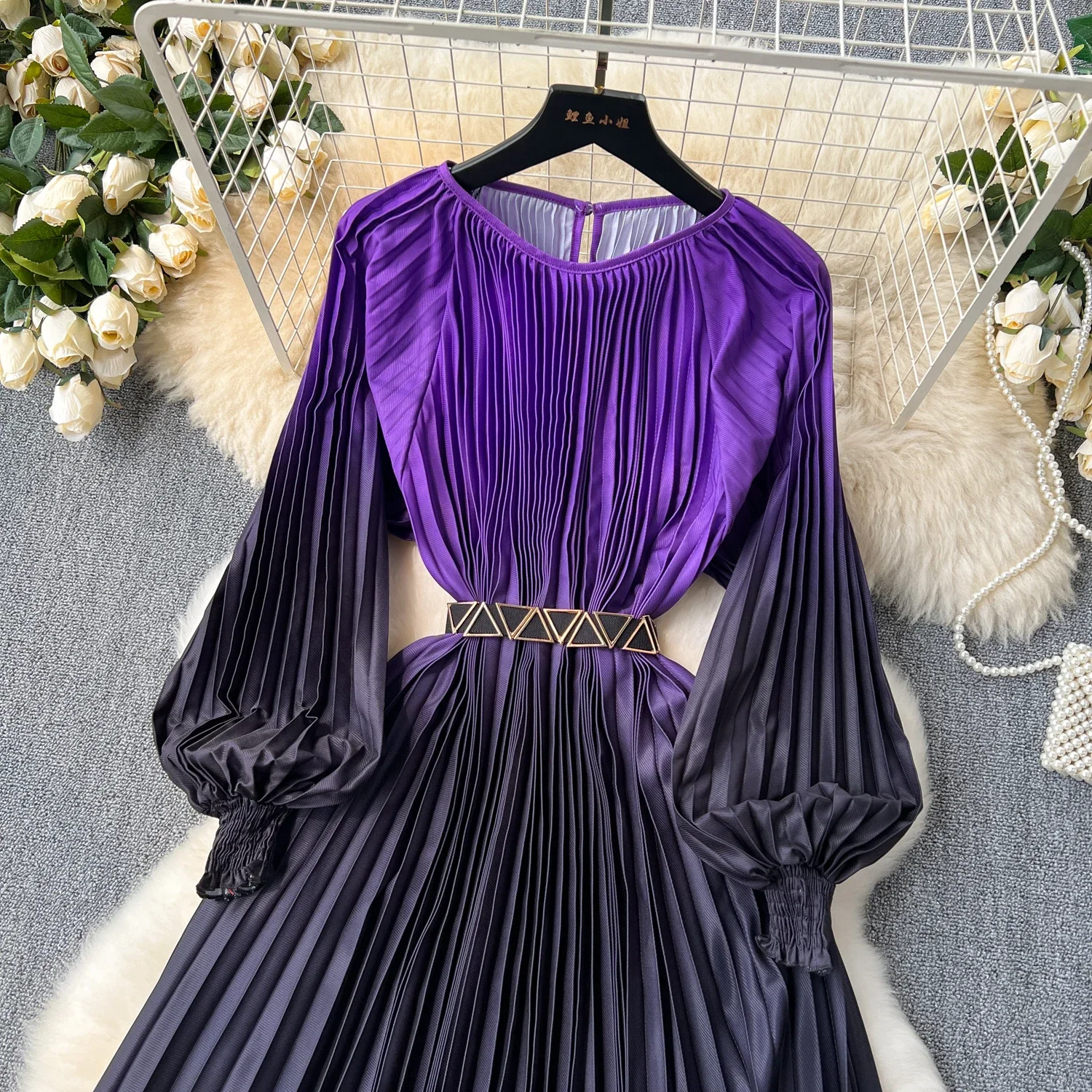 Vestido plisado de manga acampanada para mujer, Vintage, elegante, gradiente, básico, a la moda, verano y primavera