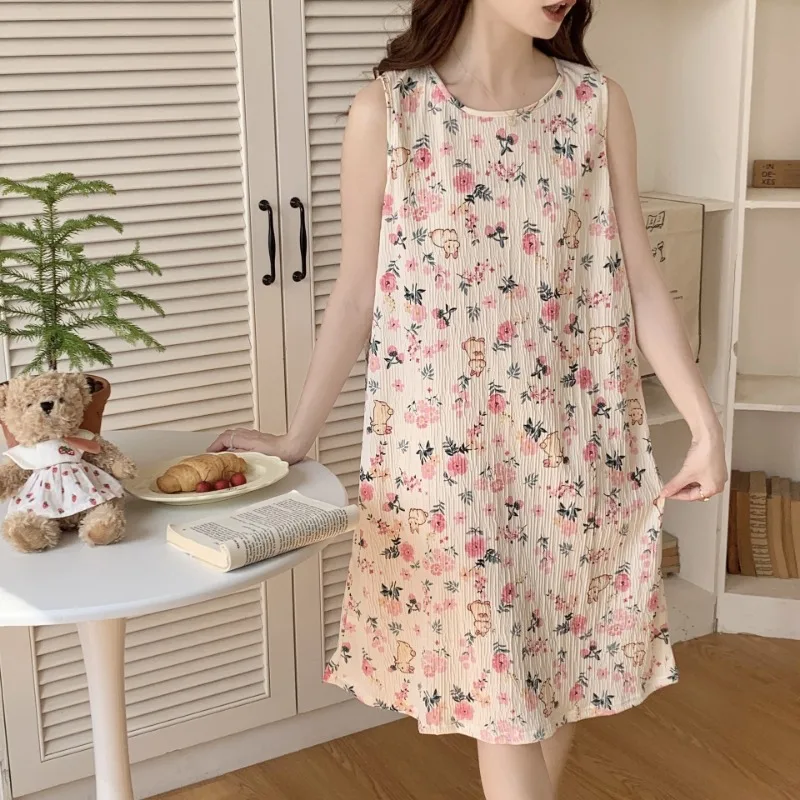 Sommerliches Blumen-Schlafkleid für Mädchen, ärmellos, lässige Homewear für Damen, niedlich bedruckt, leichte Pyjamas, Studentinnen-Pyjamas im Country-Stil